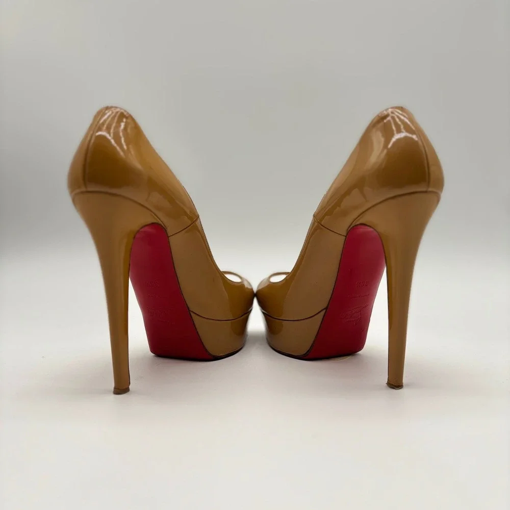 Christian Louboutin Lady Peep 150 Patent Leather Platform Pumps Tan Camel 38.5